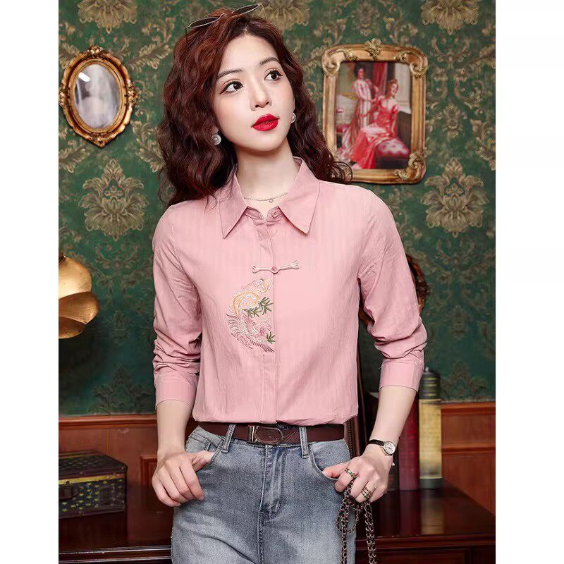 粉色衬衫女春装2026新款时尚纯棉百搭精美刺绣打底衬衣新中式上衣