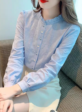 蓝色衬衫女2025新款秋冬加绒加厚上衣法式刺绣木耳边立领纯棉衬衣