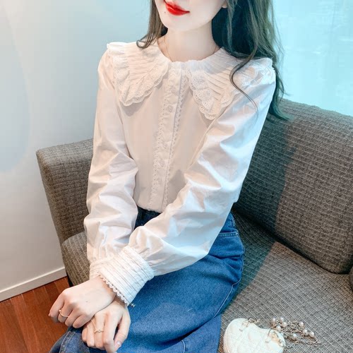 长袖蕾丝花边娃娃领衬衫女甜美