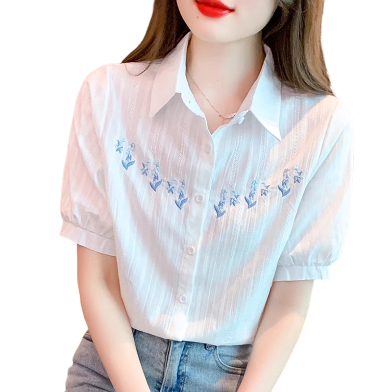 短袖棉麻衬衫女2026夏季新款上班职场ol风白色衬衣刺绣泡泡袖上衣