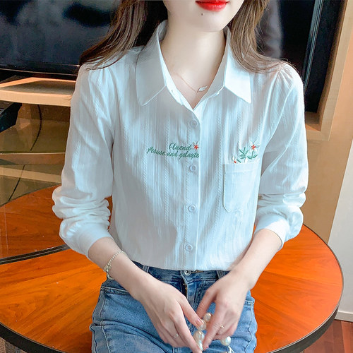 刺绣棉麻衬衫女女长袖清新上衣