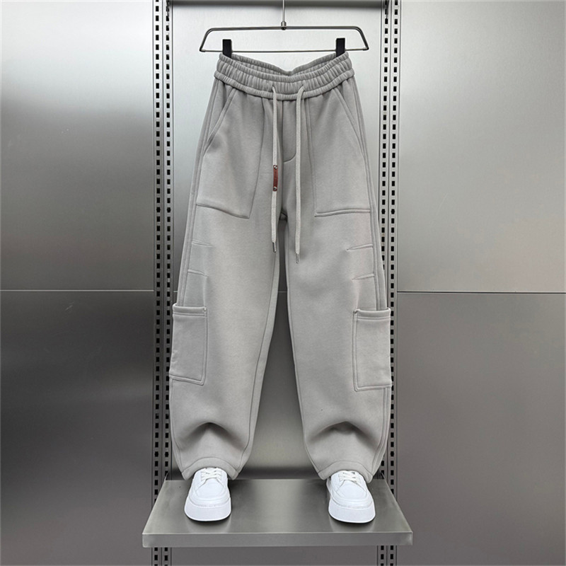 潮牌多口袋工装卫裤男士2025冬季新款加绒宽松抽绳阔腿休闲直筒裤