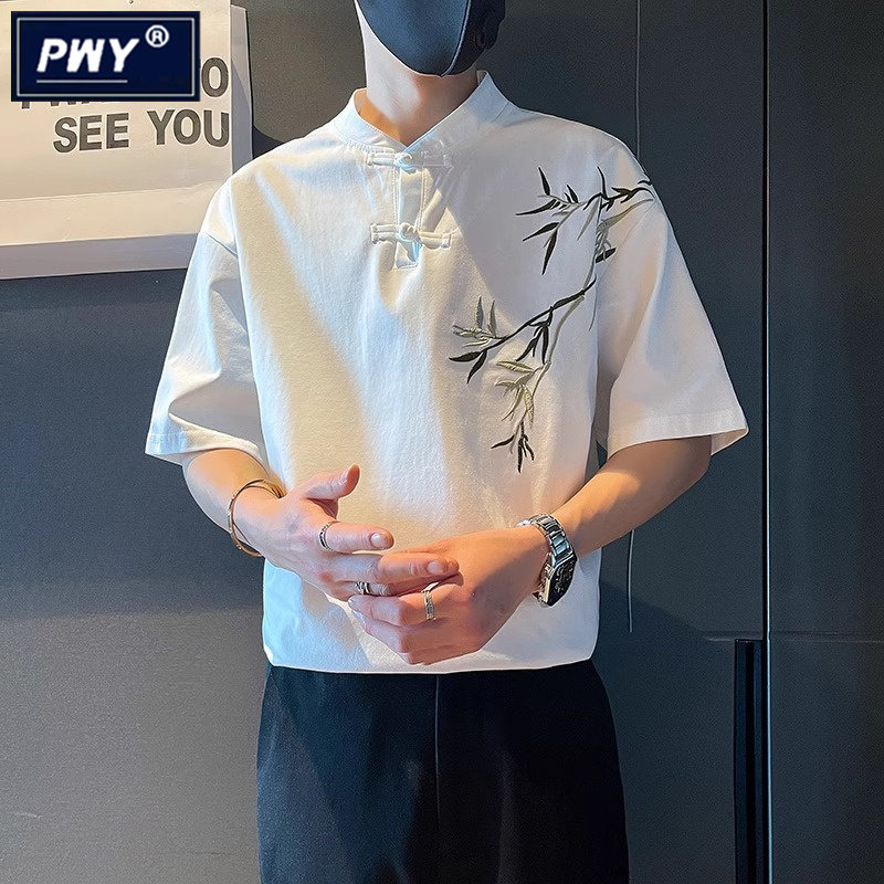 潮牌新中式短袖衬衫男夏季薄款2026新款竹子刺绣寸衫垂感半袖衬衣