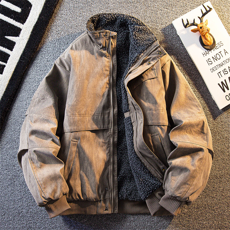 潮牌复古做旧羊羔绒立领棉服男冬季保暖加绒加厚工装夹克棉衣外套