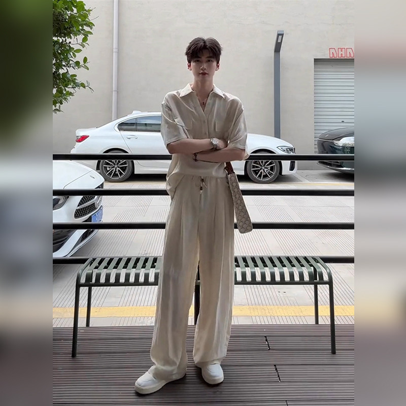 潮牌天丝亚麻休闲 套装男夏季老钱风短袖衬衫阔腿裤子痞帅气两件
