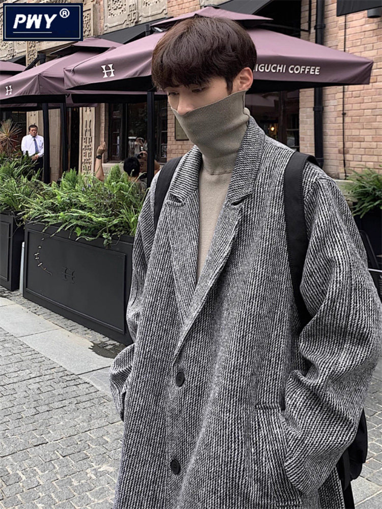 潮牌条纹毛呢大衣男士秋冬季中长款加厚过膝呢子外套宽松休闲风衣,男装,毛呢大衣,淘宝优惠券,粉丝福利购,淘宝优惠卷