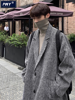 潮牌条纹毛呢大衣男士秋冬季中长款加厚过膝呢子外套宽松休闲风衣