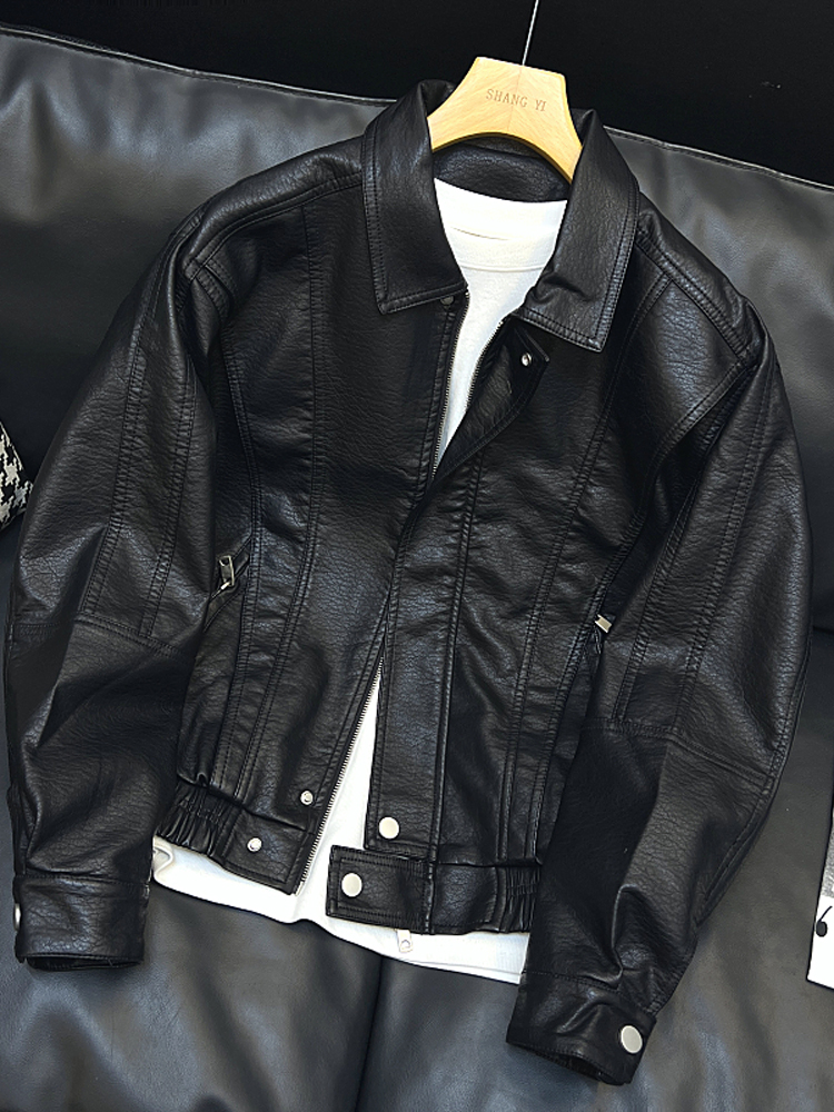 潮牌机车服皮衣夹克男士2025秋冬季新款短款翻领休闲痞帅加绒外套