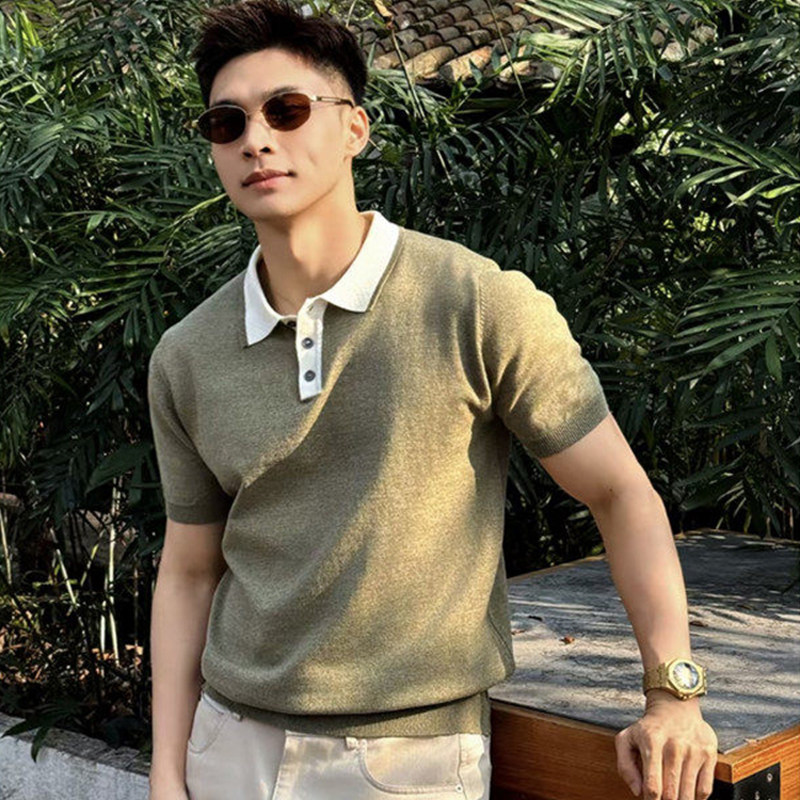 潮牌老钱风冰丝棉麻针织短袖T恤男士夏季撞色翻领POLO衫半袖上衣