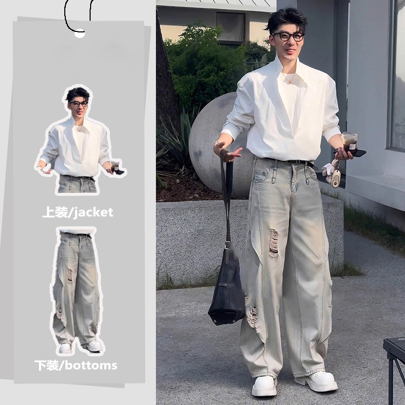 潮牌休闲运动套装男春秋季高级感痞帅v领长袖衬衫酷帅穿搭两件套