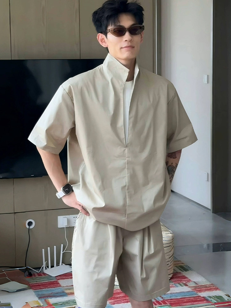 潮牌老钱风假两件亚麻套装男夏季2025新款薄款冰丝短袖衬衫两件套