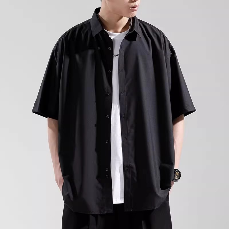 潮牌冰丝短袖衬衫男夏季薄款高级感痞帅宽松大尺码衬衫休闲 上衣