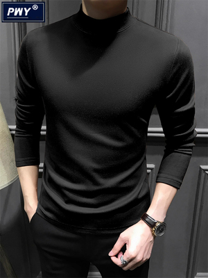 潮牌半高领保暖内搭德绒打底衫男秋冬季新款修身紧身商务长袖T恤