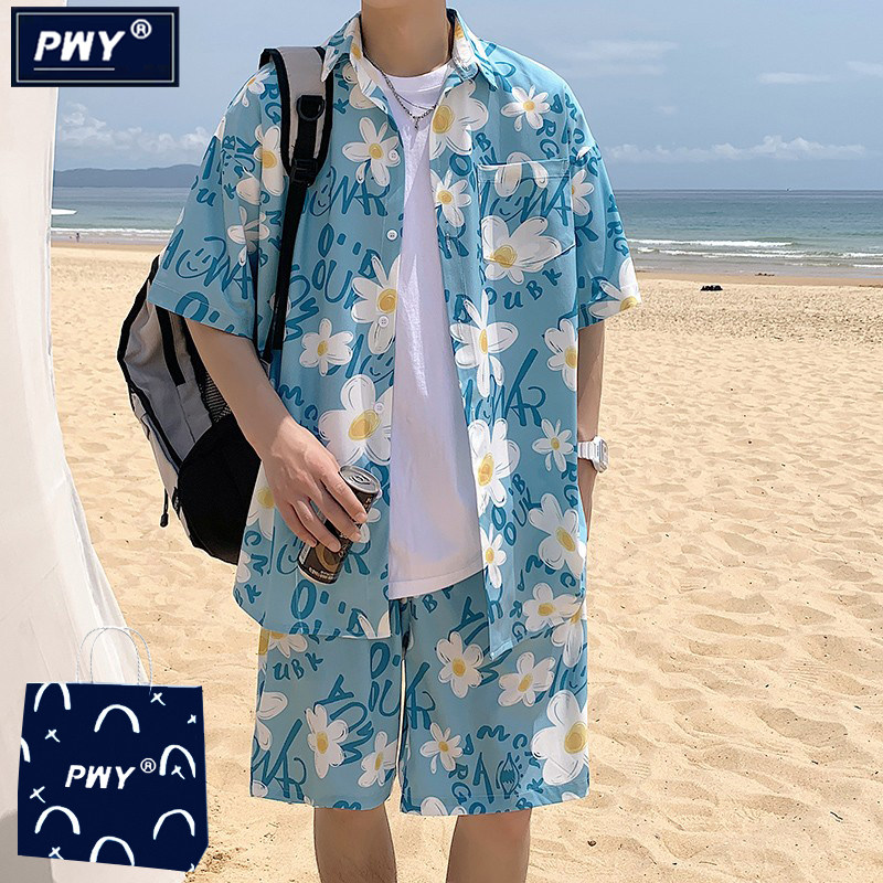 潮牌沙滩套装男士夏季薄款冰丝短袖花衬衣短裤海边休闲运动两件套