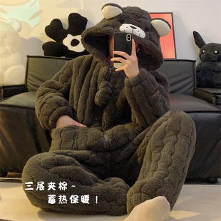 潮牌高端珊瑚绒睡衣套装男士冬季三层夹棉加绒加厚卡通拉链家居服