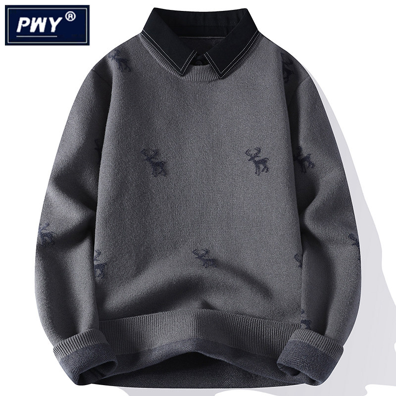 潮牌衬衫领假两件提花针织衫男士秋冬季2024加厚保暖内搭慵懒毛衣,男装,羊绒套衫,淘宝优惠券,粉丝福利购,淘宝优惠卷