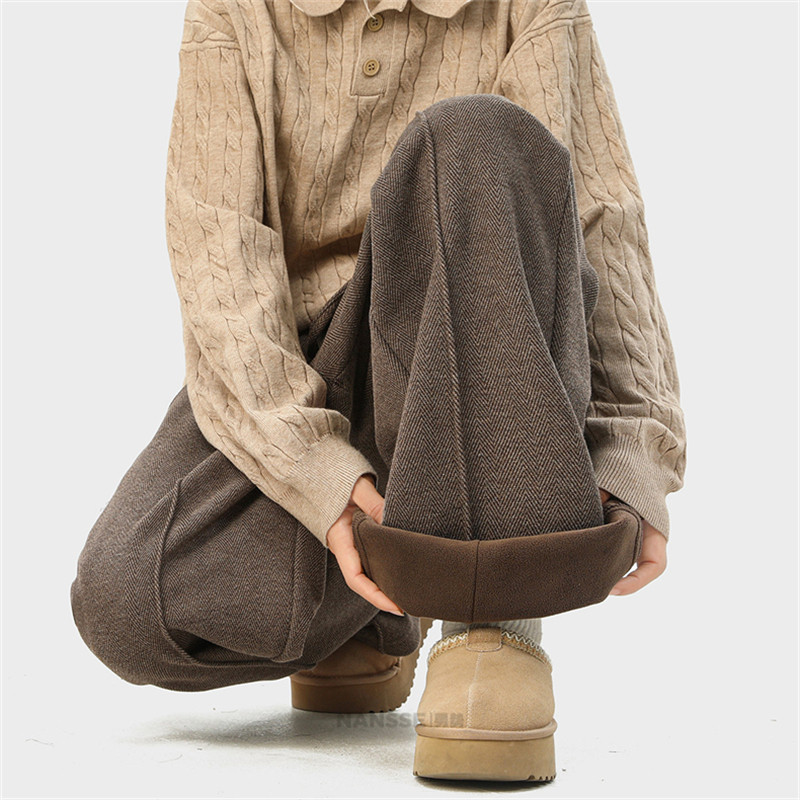 潮牌美拉德咖色拼接休闲裤子男秋冬季宽松直筒加绒加厚高级感卫裤