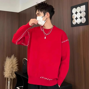 潮牌蛇年新年战袍红色毛衣男士秋冬季2025新款高级感本命年针织衫