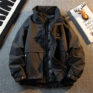 潮牌美式短款立领冲锋衣羽绒外套男冬季白鸭绒保暖休闲羽绒服夹克
