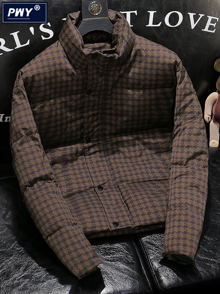 潮牌高级感立领千鸟格羽绒服男士2025冬季新款韩版加厚白鸭绒外套
