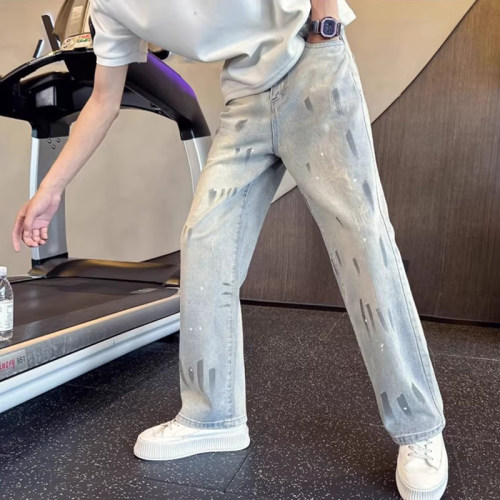 潮牌美式喷墨直筒牛仔裤男春夏季2026新款痞帅水洗耐磨宽松休闲裤