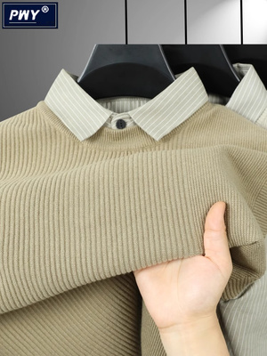 潮牌高档假两件衬衫领商务毛衣男冬季2025新款休闲加厚针织打底衫