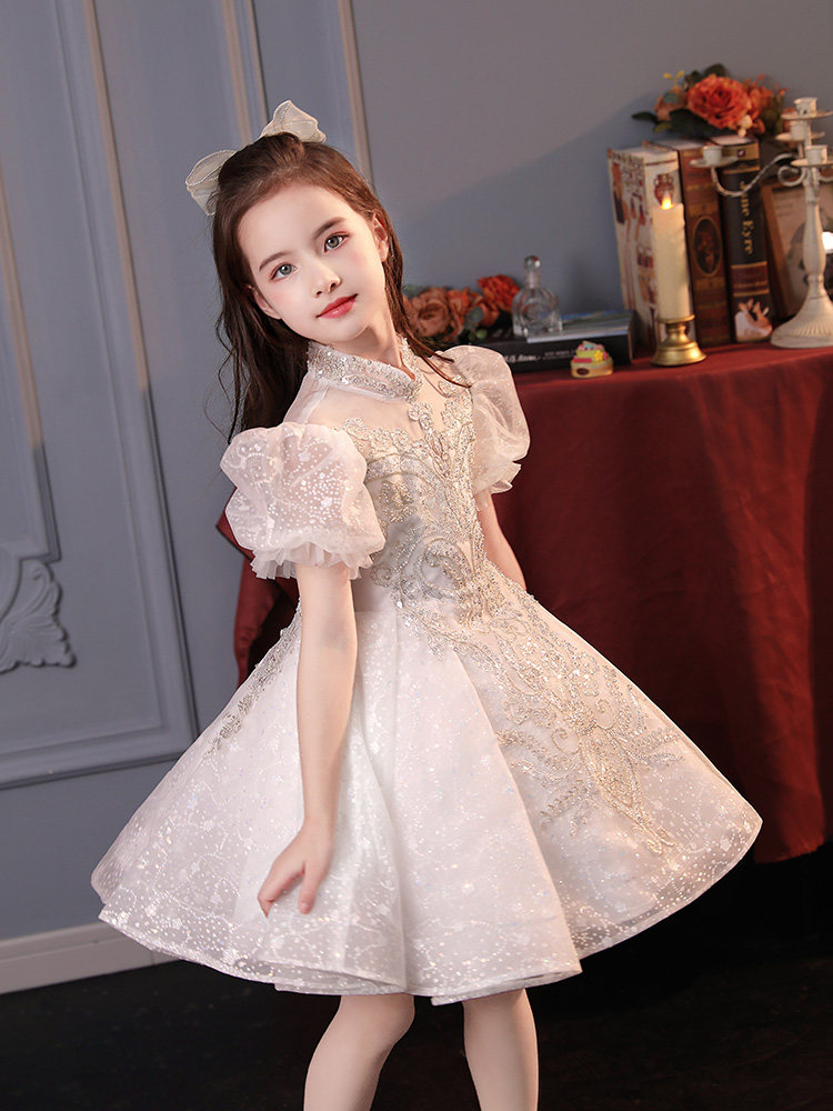女童白纱公主裙蓬蓬纱花童洋气生日礼服儿童主持人钢琴演出服夏季