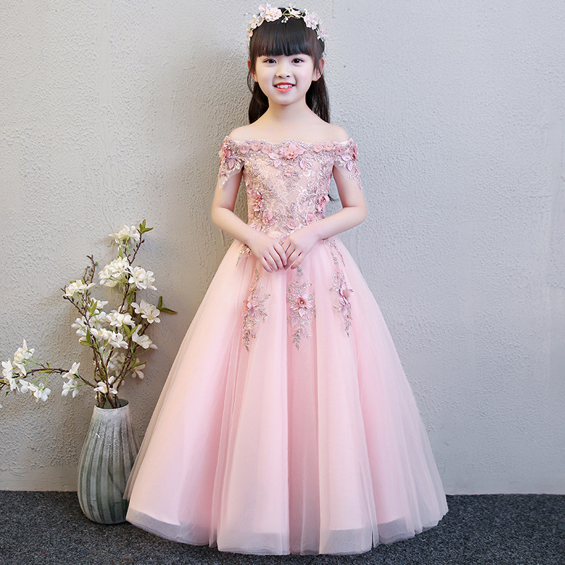 女童公主裙花童婚纱裙儿童钢琴演出服粉色蓬蓬纱生日晚礼服主持人