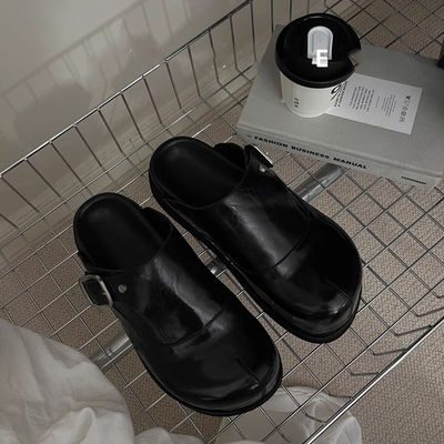 休闲外穿情侣半拖鞋厚底包头皮凉拖鞋大头勃肯拖鞋男女增高德比鞋