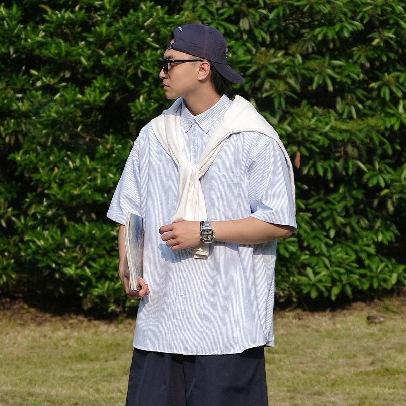 日系夏季条纹短袖衬衫男cityboy潮牌宽松bf情侣衬衣CS01P65,男装衬衫,电商A400（原B301）