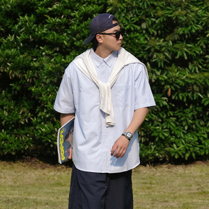 日系夏季条纹短袖衬衫男cityboy潮牌宽松bf情侣衬衣CS01P65图片
