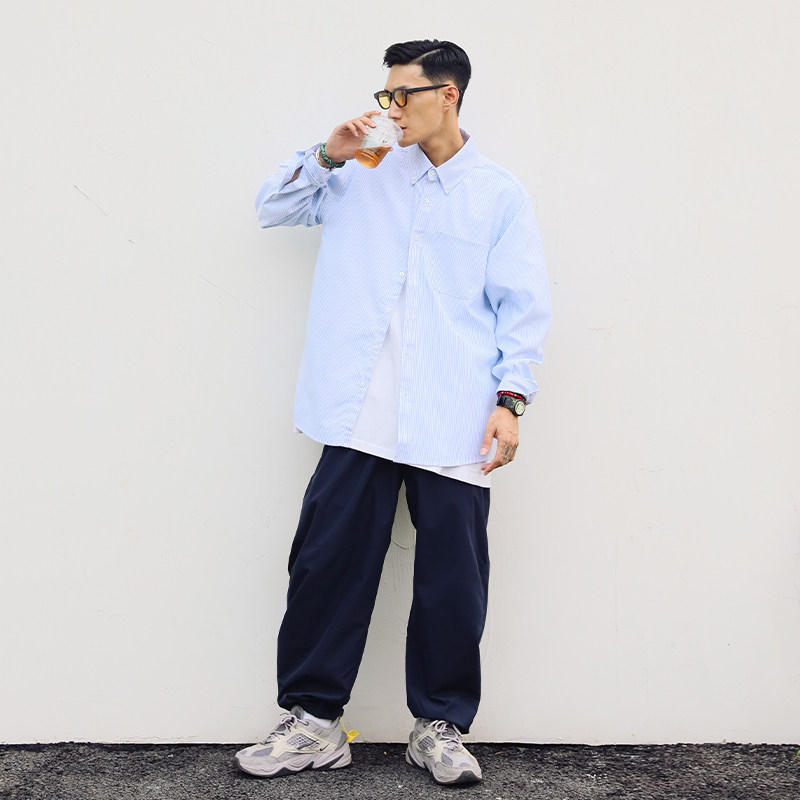日系简约cityboy学院衬衣宽松百搭条纹长袖衬衫男潮CS05P78控108,男装衬衫,电商A400（原B301）