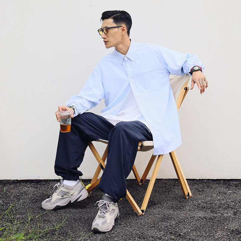 日系简约cityboy学院衬衣宽松百搭条纹长袖衬衫男潮CS05P78控108图片