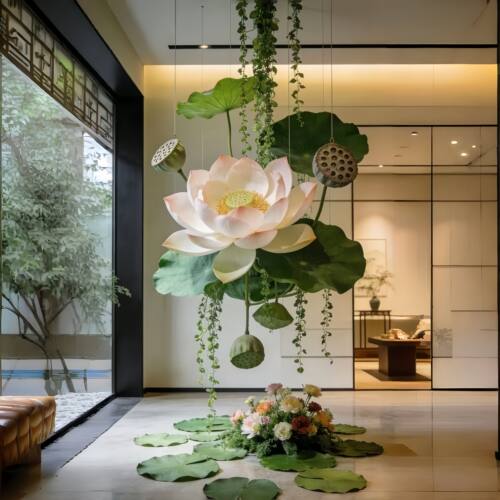中国风悬浮荷花吊顶美陈定制