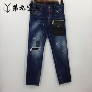 男士 正品 24新款 潮流真皮贴口袋破洞牛仔裤 Dsquared2 时尚