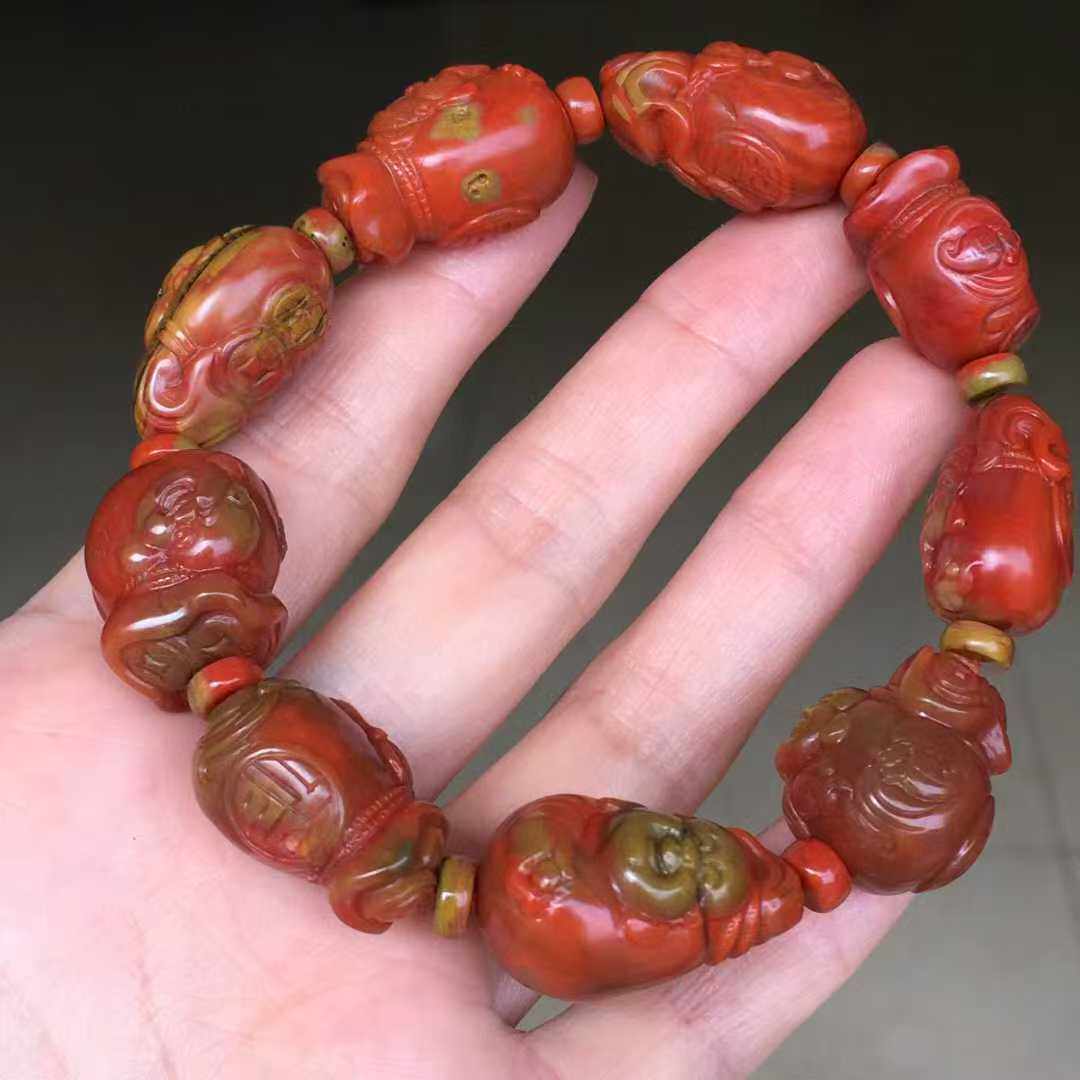 南红玛瑙弥勒手串精品绿皮包浆俏色巧雕苏工男女款收藏级别