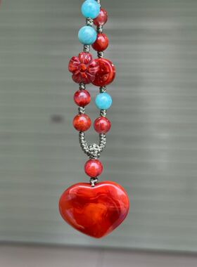 川料南红玛瑙柿子红玫红爱心桃形吊坠项链女款精美手工编织饰品