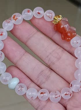 天然南红冰飘鸡血红飘花皇冠小熊单圈手串饰品手把摆件多宝文玩女