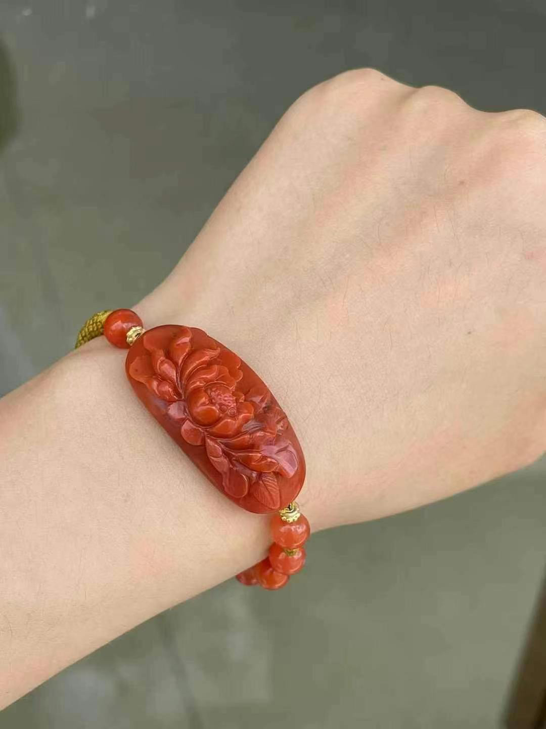 天然南红DIY手工编织牡丹花手牌红纹石海纹石翡翠蜜蜡绿松石手串