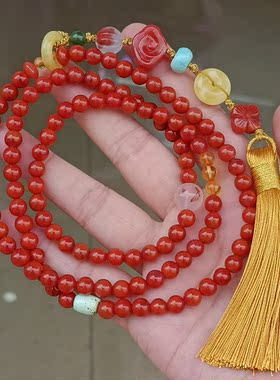 天然南红九口老料108颗多圈手链毛衣链背云流行时尚手把摆件文玩