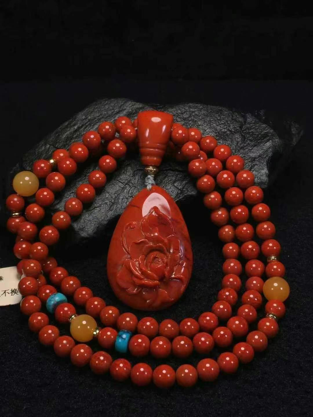 瓦西料南红项链搭配牡丹花吊坠红纹石海纹石翡翠蜜蜡绿松石手串女