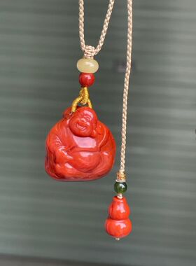 精品川料南红满色满肉牛血红笑面佛diy手工编织项链百搭时尚饰品