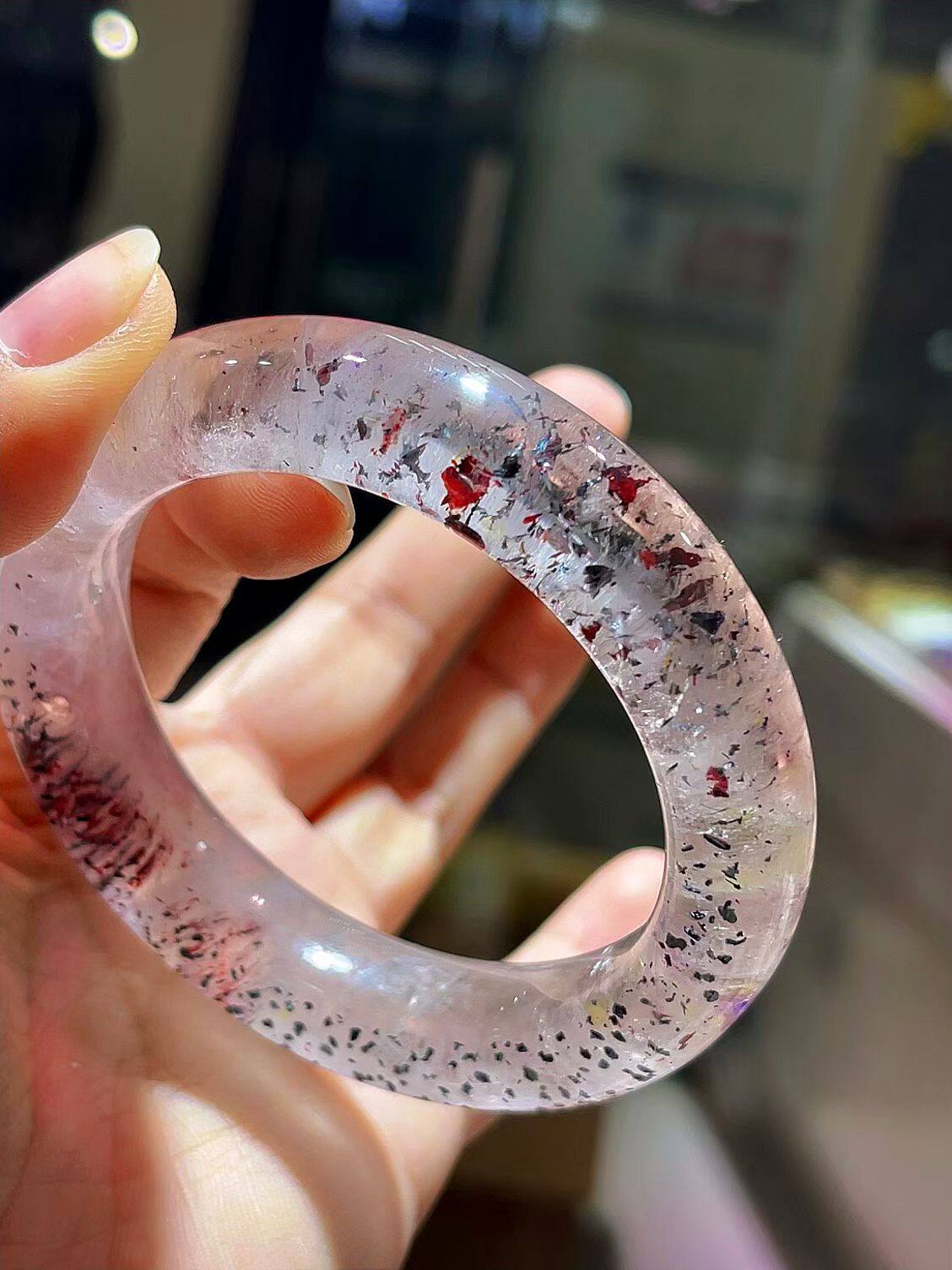 天然紫发晶超七草莓晶猫眼水晶手镯5㎜径口紫发晶红云母手串