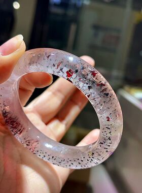 天然紫发晶超七草莓晶猫眼水晶手镯5㎜径口紫发晶红云母手串
