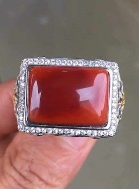 原矿瓦西南红玛瑙霸气男款马鞍戒指925银镶嵌活口设计个性独特料