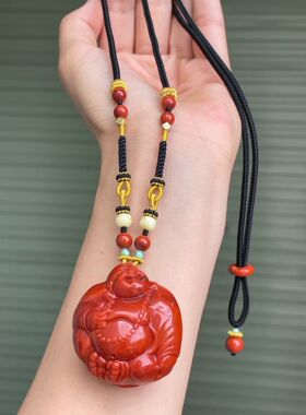 精品川料南红满色满肉牛血红笑面佛diy手工编织项链百搭时尚饰品