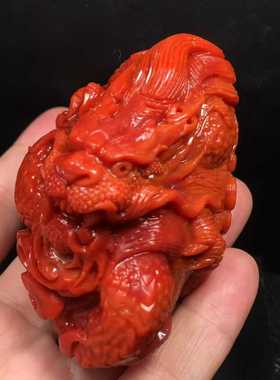 瓦西南红玛瑙龙手把件柿子红玫瑰红双色满色满肉吊坠摆件霸气