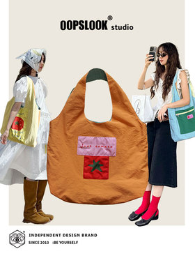 巫鹿可原创防泼水印花双面背拼接大容量托特包小众单肩手提女包包