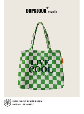 巫鹿可原创多巴胺绿棋盘格单肩大容量绒布托特包女通勤自习旅行袋