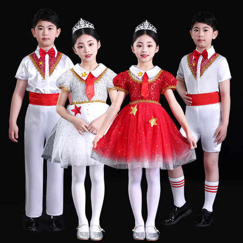儿童爱国合唱演出服大中小学女孩朗诵服幼儿园升旗蓬蓬裙表演服装